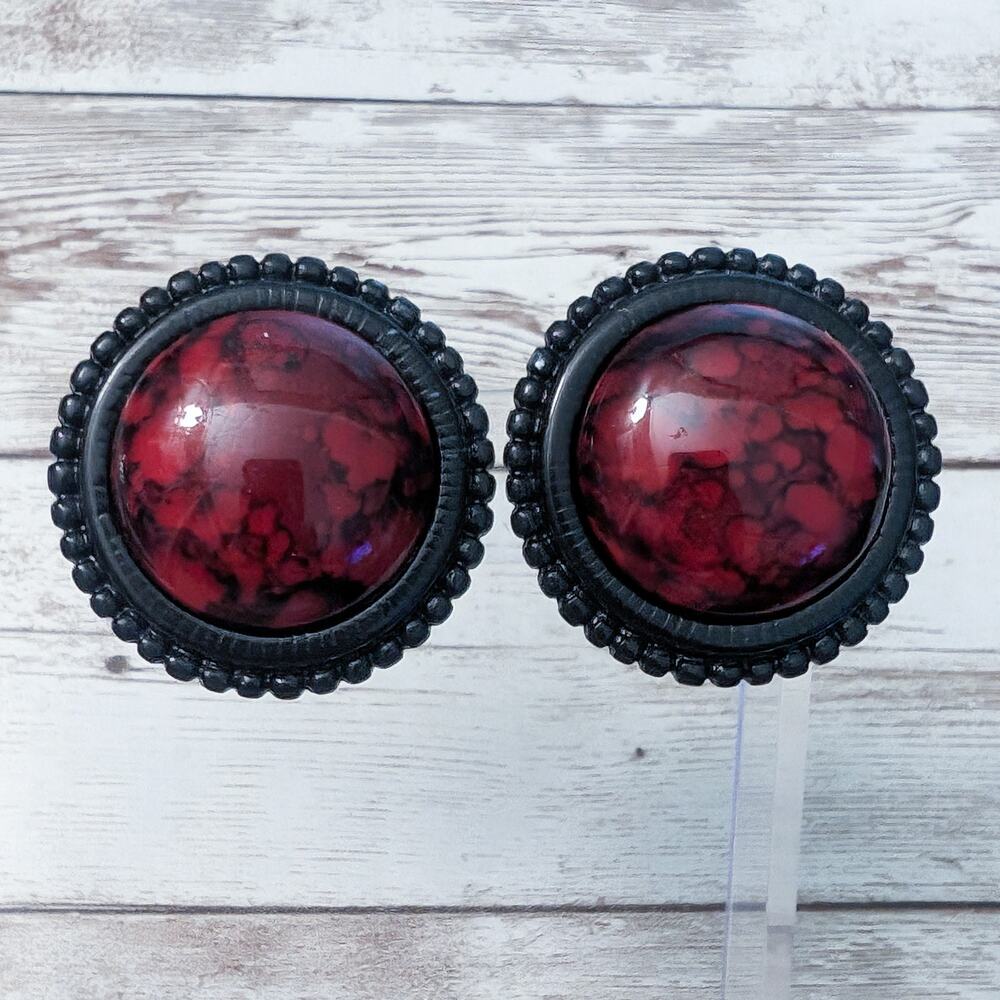 Vintage Clip On Earrings - Large Red & Black Statement